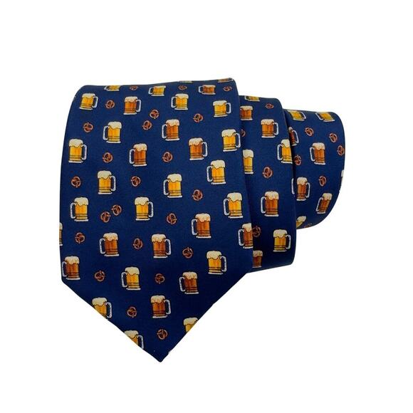 Alynn Neckwear "A Cold One" Beer Pretzel Print 100% Silk Tie - Picture 1 of 6